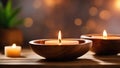 Spa resort concept - Close up of floating aromatherapy candles in wooden bowls Royalty Free Stock Photo