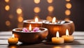 Spa resort concept - Close up of floating aromatherapy candles in wooden bowls Royalty Free Stock Photo