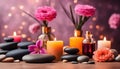 Spa resort concept - Close up of fragrance diffuser, candles and stones