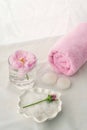 Spa resort therapy composition. Candles, rose flower, salt, towel. Relax, wellness and mindfulness concept. Royalty Free Stock Photo