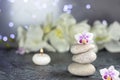 Spa resort therapy composition. Stones, burning candles, orchid flowers, towel, abstract lights