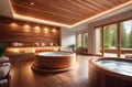 spa room interior with swimming pool and bath tub, wooden walls, natural view from big windows, country house spa salon Royalty Free Stock Photo