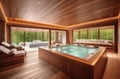 spa room interior with swimming pool and bath tub, wooden walls, natural view from big windows, country house spa salon Royalty Free Stock Photo