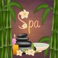 Spa salon banner with stones and bamboo. Thai Massage. Wood texture. Vector illustration Royalty Free Stock Photo