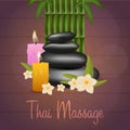 Spa salon banner with stones and bamboo. Thai Massage. Wood texture. Vector illustration Royalty Free Stock Photo