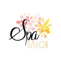 Spa salon or center original delicate logo design with abstract textured background. Label with pink and golden gentle