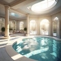 Spa salon interior, bright room, large swimming pool, fountains and baths, sun loungers for relaxation,