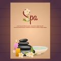 Spa salon Poster with stones. Thai Massage. Wood texture. Vector illustration.