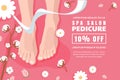 Spa salon banner, poster design template. Pink discount flyer layout for female pedicure, foot care. Vector illustration Royalty Free Stock Photo