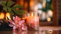 spa salon tropical flowers candle blurred light white towel cozy relaxing meditation massage salon