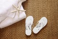 Spa sandals on sea-grass mat Royalty Free Stock Photo