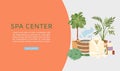 Spa and sauna center banner vector illustration. Sauna and bath accessories web banner. Buckets, brooms, soaps and