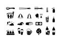 Spa sauna, silhouette icons set. Outline pictogram of classic bath tools, banya accessory. Black illustration of wooden tub, ladle