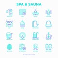 Spa & sauna thin line icons set: massage oil, towels, steam room, shower, soap, pail and ladle, hygrometer, swimming pool, herbal Royalty Free Stock Photo