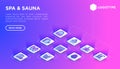 Spa, sauna web page template with thin line isometric icons: towels, steam room, shower, pail and ladle, swimming pool, birch, spa