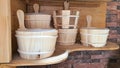 Spa, sauna and wellness. Wooden bowls for the steam room. Winter wellness concept of relaxation and therapeutic therapy.