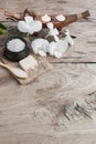 Spa sea salt and orchid on wood background , nature relaxation