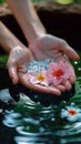 Spa serenity Female hand and flower in a serene water setting