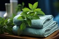 Spa serenity green leaf, towel, and tranquil blue