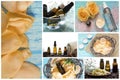 Spa-series. Collage of relaxing products. sea Sal, essential oils, flower petals Royalty Free Stock Photo