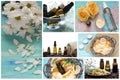Spa-series. Collage of relaxing products. sea Sal, essential oils, flower petals Royalty Free Stock Photo