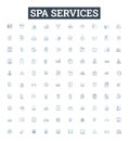 Spa services vector line icons set. Massage, Facial, Pedicure, Manicure, Waxing, Sauna, Scrubs illustration outline Royalty Free Stock Photo