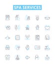 Spa services vector line icons set. Massage, Facial, Pedicure, Manicure, Waxing, Sauna, Scrubs illustration outline