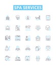 Spa services vector line icons set. Massage, Facial, Pedicure, Manicure, Waxing, Sauna, Scrubs illustration outline Royalty Free Stock Photo