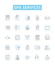 Spa services vector line icons set. Massage, Facial, Pedicure, Manicure, Waxing, Sauna, Scrubs illustration outline Royalty Free Stock Photo