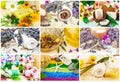 Spa set with aroma oil, sea salt, flowers, lavender, plants, tow Royalty Free Stock Photo