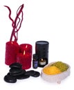 Spa set, aromatics candles, oil aromatherapy, stones warming to Royalty Free Stock Photo