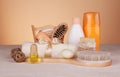 SPA set. Body brush, scented soap, massage oil, candle and skin care products Royalty Free Stock Photo