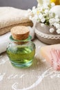 Spa set: bottle of essential oil, soft towels, bar of natural, h Royalty Free Stock Photo