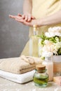 Spa set: bottle of essential oil, soft towels, bar of natural, h Royalty Free Stock Photo