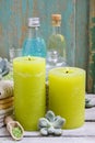 Spa set: green sea salt, scented candles, liquid soap and essent Royalty Free Stock Photo