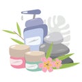 Spa set of natural cosmetics. Collection with accessories for home spa treatments. Creams, shampoo, massage stones