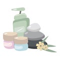 Spa set of natural cosmetics. Composition with accessories for home spa treatments. Creams, oils, massage stones and a