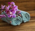 Spa set with orchids and towels Royalty Free Stock Photo