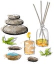Spa set. Rock Salt Essential Oil Jacuzzi Hand draw illustration Royalty Free Stock Photo