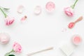 spa set with rose flowers and cosmetic for body on white desk background top view mockup Royalty Free Stock Photo