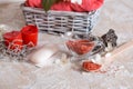 Spa set: scented candle, sea salt, liquid soap and romantic red roses Royalty Free Stock Photo