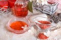 Spa set: scented candle, sea salt, liquid soap and romantic red roses Royalty Free Stock Photo