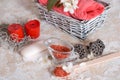 Spa set: scented candle, sea salt, liquid soap and romantic red roses Royalty Free Stock Photo