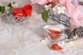 Spa set: scented candle, sea salt, liquid soap and romantic red roses Royalty Free Stock Photo