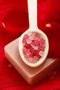 Spa set: scented candle, sea salt, liquid soap and romantic red Royalty Free Stock Photo