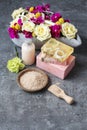 Spa set: sea salt, bars of handmade soap and liquid soap. Royalty Free Stock Photo