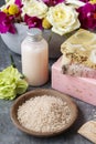 Spa set: sea salt, bars of handmade soap and liquid soap. Royalty Free Stock Photo