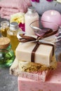 Spa set: sea salt, bars of handmade soap and liquid soap. Royalty Free Stock Photo