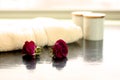 Spa set Towel Roses and Bathproducts Royalty Free Stock Photo