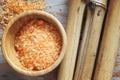 Spa set on wooden table, bath salt, natural bamboo. Royalty Free Stock Photo